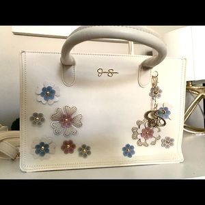 White Cream floral tote handbag purse faux leather